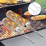 xvxix Rolling Grillkorb 2 Stück, Grillkorb Edelstahl mit Griff Gabel, BBQ Zylindrischer Grillkorb,...