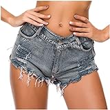 Damen Ripped Denim Shorts Sexy Low Waist Hollow Lace Up Mini Hot Pants FF87, blau, XL