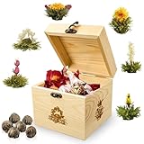 Creano ErblühTee Holz-Dekobox, Teeblumen Mix Geschenkset mit 6 Teerosen, Weißer Tee in edler...
