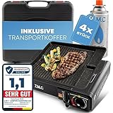Z.M.C Gaskocher 1-flammig inkl. Adapter für LPG + Aufbewahrungskoffer + Grillplatte 33x26x4cm + 4...