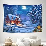 Schneelandschaft Häuser Wald Tapisserie Wandbehang, Weihnachtsnachtansicht Deko Wandteppich,...