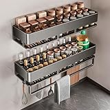 Fooaot Gewürzregal Wand,2er Set Metall Gewürz Organizer,Grau Küchenregal Ohne Bohren Mit 5 Haken,...