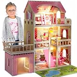 Kinderplay Puppenhaus aus Holz – Große 3‑Etagen‑Villa mit Garage & Garten – LED-Licht, 17...