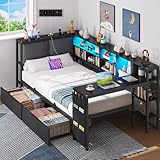 Brinlawb Schlafsofa mit LED-Beleuchtung und Ladestation, Jugendbett 90x200 cm mit einem 35x112cm...