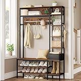 HEXCELEN Garderobenständer mit Schuhbank, Garderobe, 1 Stoffkorb, Kleiderständer mit 15 Haken, 8...