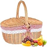 Picknickkorb aus Weidengeflecht Im Landhausstil,Roter Kariert Weidenkorb,26X18X15 cm,Ovaler...