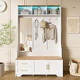Merax Garderobenschrank 187 x 120 x 40 cm, mit LED-Beleuchtung, Spiegel, Haken und Schubladen,...