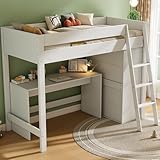 Kayan Kinderbett 90x200 cm, Hochbett mit Leiter, Schreibtisch und Kleiderschrank, Funktionsbett...