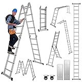 Joparri 4x5 Mehrzweckleiter 582cm 7 in 1 Alu Multifunktionsleiter bis 150 kg mit 2 Transport Rollen...