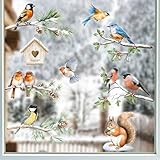 BETESSIN Fensterbilder Winter Vögel - 6 Bögen Weihnachten Fensterbilder Selbstklebend - Statisch...