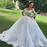 CongMing-huajia Hochzeit Damen Brautkleider Weiß A-Linie Spitze V-Ausschnitt Lange Ärmel Bodenlang...