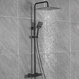 Auralum Thermostat Duschsystem Komplettset Schwarz mit 30cm Edelstahl Regendusche, 6 Strahlarten...