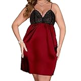 Generisch Damen Nachtwäsche Set, Elegantes Negligee in Burgunderrot mit Schwarzer Spitze, Satin...