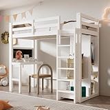 LATICO Kinderbett Hochbett 90x200 cm, Hausbett mit Schreibtisch, Offener Kleiderschrank und Regalen...