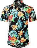 JOGAL Herren Casual Floral Blumenmuster Kurzarm Hawaiihemd XX-Large Schwarz