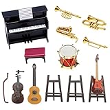 Xerteam Miniatur Deko Musikinstrumente, 15 Stück Wichtel Zubehör mit Mini Gitarre Klavier...