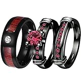ringcrown 2 Ringe für Paare, schwarze Ringe, rund, roter Zirkonia, Damen-Ehering-Set,...
