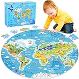 Puzzle Weltkarte Kinder ab 3-8 Jahre, 71 Teile Große Rundes Puzzle für Jungen Mädchen, Weltkarte...