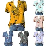 Bluse Damen Elegant Kurzarm Sommer T-Shirts Lässig V-Ausschnitt Oberteile Knopf Athletic Fit Blusen...