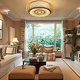 Kaichenyt Deckenleuchte Bambus LED Deckenlampe Rund Holzlampe mit Handgewebte Rattan Lampenschirm...