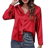 Satin Bluse Damen Seidenbluse V-Ausschnitt Langarm Blusen Elegant Business Oberteile Seide Hemd mit...