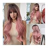 Perücke Damen Rosa Perücken mit Pony Long Ombre Rosa Wigs for Frauen, synthetische dunkle Wurzeln...