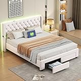 HOKZYHOUSE Modernes Polsterbett mit Stauraum, 140x190cm, Tufted Kopfteil, Weiß, 350kg...