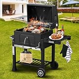 Strattore Holzkohlegrill XL BBQ Grillwagen Verstellbarer Standgrill mit Deckel Quadratischer...