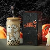 KMCCUMBER Halloween-Geister-Herbst-Glasbecher mit Deckel und Strohhalmen, 473 ml,...