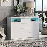 Oyemige Sideboard LED Kommode, Wohnzimmer Sideboard Weiß mit 2 Türen und 4 Schubladen, Eingangs...