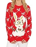 v28 Ugly Christmas Sweater für Frauen Rentier Funny Merry Xmas Strickpullover - Rot - Klein