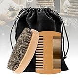 Bartkamm & Bartbürste Set,Bartbürste mit Wildschweinborsten,Bartkamm für Männer,Bart Bürste aus...