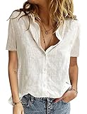 PASUDA Damen Bluse Sommer Elegant Baumwolle Leinen Hemd Kurzarm Oberteile V-Ausschnitt Button-Down...