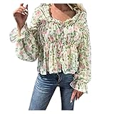 Bluse Damen Chiffon Schicke Laternenhulse Longshirt Rüschen Front Rundkragen T-Shirt Floral Retro...