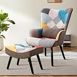 Matomn Relaxsessel mit Hocker Patchwork Sessel Holz Sessel Wohnzimmer moderner Ohrensessel mit...