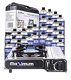 MaXimum Premium Edelstahl Gaskocher mit Tragekoffer + 28 MaXimum Gas Kartuschen