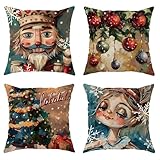 Weihnachts-Kissenbezüge, 4er-Set, bunte Nussknacker- und Feiertags-Ornamente, festliche dekorative...
