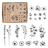 Blumen Stempel Set, 22 Stück Holz und Gummi Stempelset zum Basteln, Dekorativer Montierter Pflanzen...
