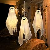 Halloween Deko Geist Mit Warmweißen LED, 3 Stück Halloween Hängende Geister Deko 45cm, Helloween...