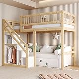 Etagenbett 90x200, Kinderbett Hochbett mit Treppe & Aufbewahrungsschrank, Massivholz Funktionsbett...