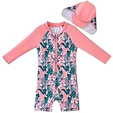 UMELOK Baby Badeanzug mit Sonnenhut UV Schutz Badebekleidung Tropische Pflanze, rosa 3-6...