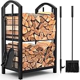Amagabeli Kaminholzregal Innen Brennholzregal mit 4 Kaminwerkzeug 74x40x30cm Kaminholzständer...