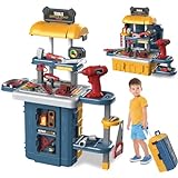 WELLCHY Werkbank Kinder Werkzeug, Kinderwerkbank mit Batteriebetriebene Bohrmaschine, Werkzeugkoffer...