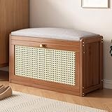 Braune Rattan-Schuhbank mit verstellbarem Regal, Holzeingangssitz mit Leinenkissen, Flur und...