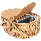 Picknickkorb aus Weidengeflecht mit Kühler, Holz geteilter Deckel Picknickkorb, Vintage-Stil...