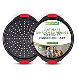 NutriChef Pizzablech Rund 32cm, Antihaftbeschichtete Pizza Set 2-Teilig, Pizzateller Lochblech...