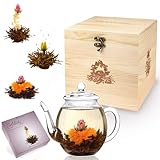 Creano Teeblumen - Mix Geschenkset Erblühtee mit Glaskanne in edler Holz-Dekobox - 6 verschiedene...