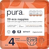 Pura Premium Eco Baby Nappies, Size 4 (Maxi 7-18kg / 15-40 lbs) 1 Pack of 29 Infant Sustainable...