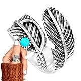 Offene türkisfarbene Finger, Boho-Feder-Türkis, verstellbarer Ring, Vintage-Federring für Frauen,...