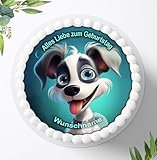 Für den Geburtstag ein Tortenbild, Zuckerbild mit einem Motiv von süßen lustigen Hund mit...